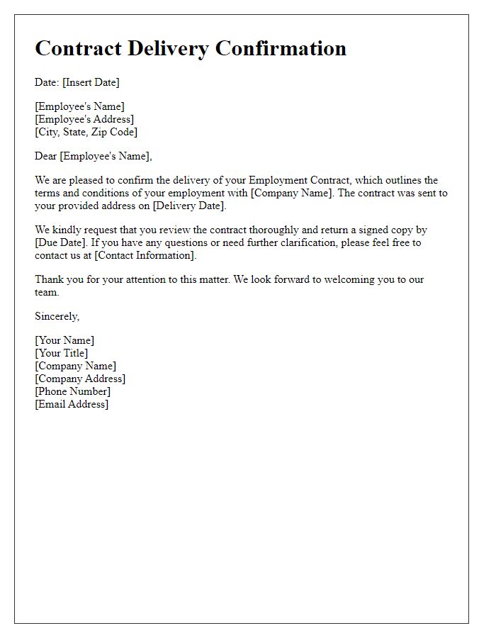 Letter template of Contract Delivery Confirmation for Employment Contract