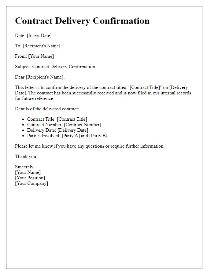 Letter template of Contract Delivery Confirmation for Internal Records