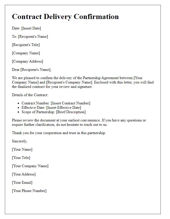 Letter template of Contract Delivery Confirmation for Partnership Agreement