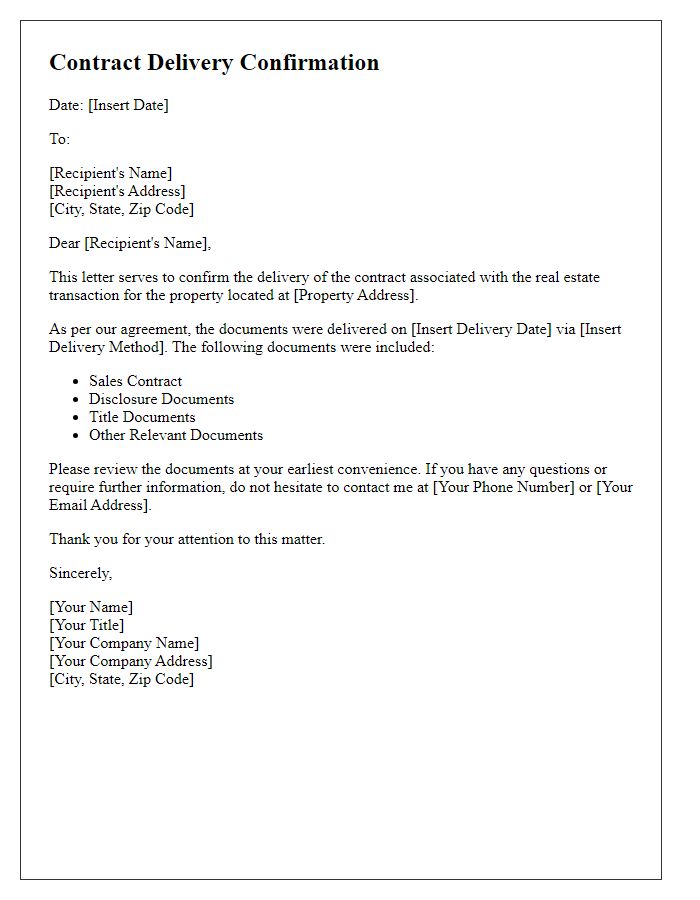 Letter template of Contract Delivery Confirmation for Real Estate Transaction