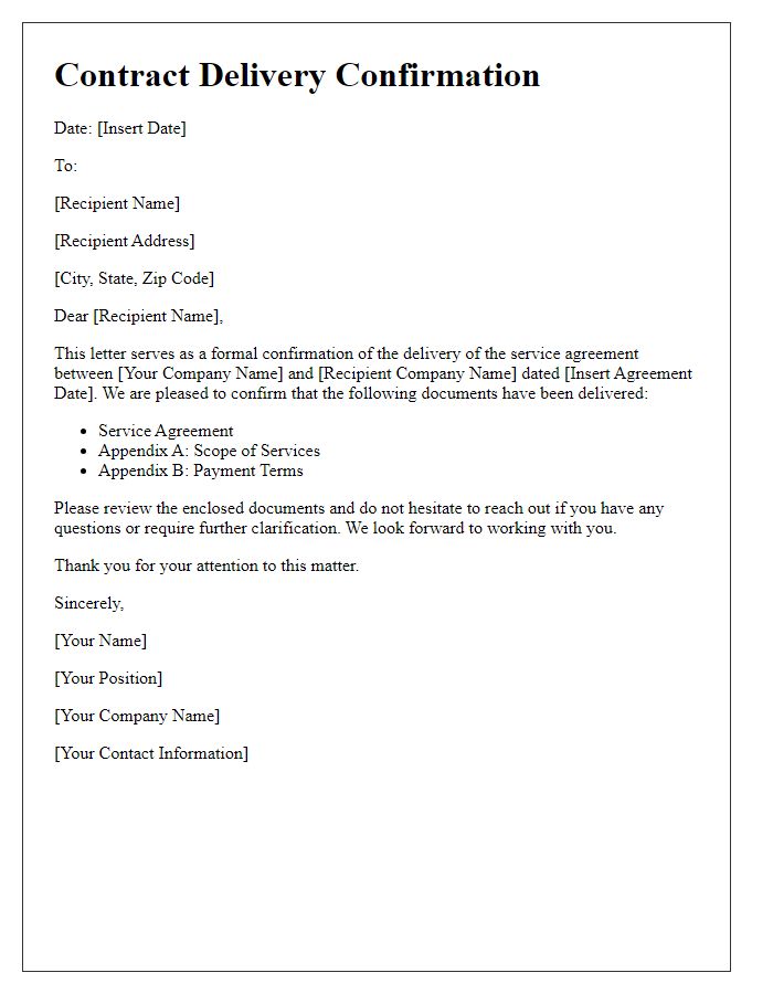 Letter template of Contract Delivery Confirmation for Service Agreement