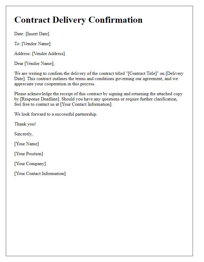 Letter template of Contract Delivery Confirmation for Vendor Notification