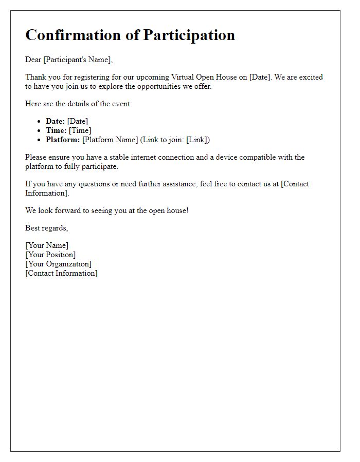 Letter template of confirmation for virtual open house participation