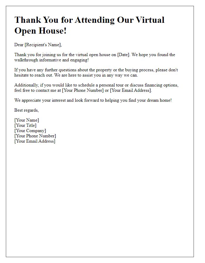 Letter template of follow-up after virtual open house walkthrough