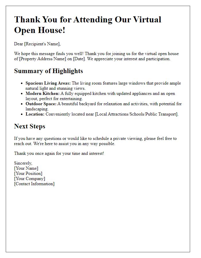 Letter template of highlight summary after virtual open house walkthrough