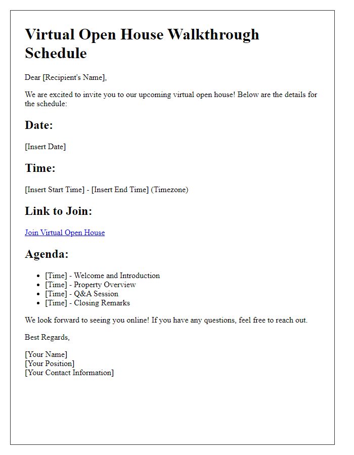 Letter template of schedule details for virtual open house walkthrough