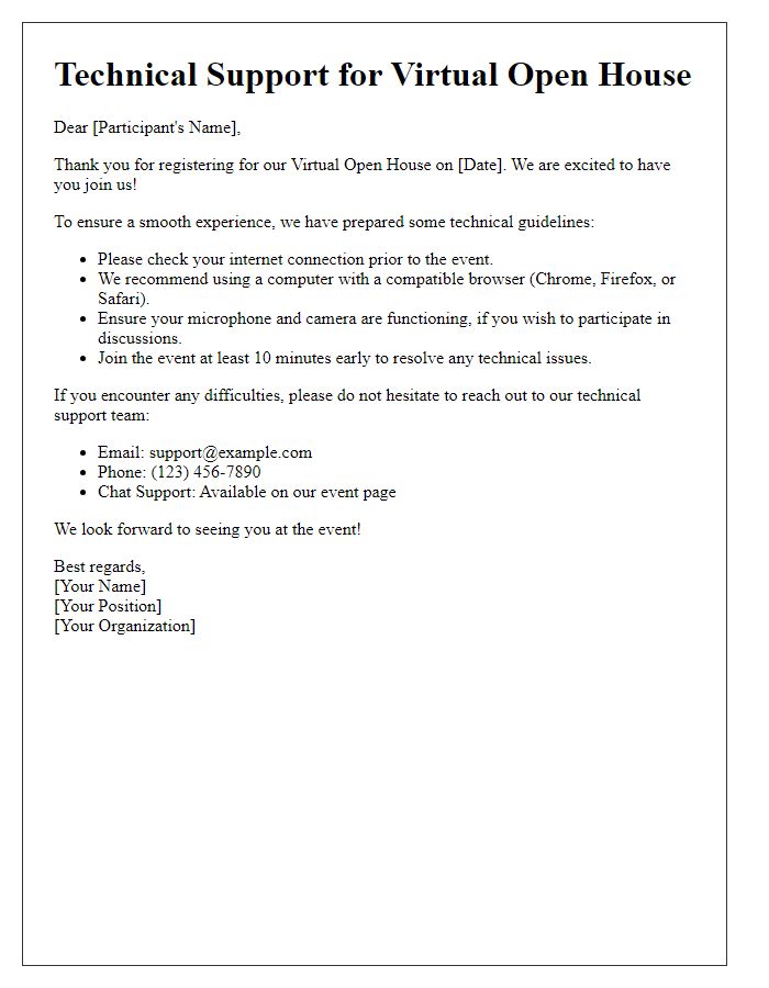 Letter template of technical support for virtual open house participants