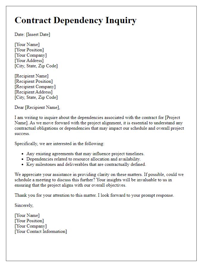 Letter template of contract dependency inquiry for project alignment