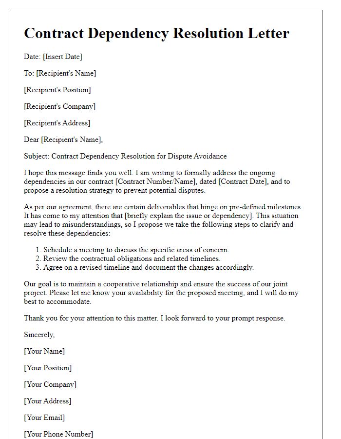 Letter template of contract dependency resolution for dispute avoidance