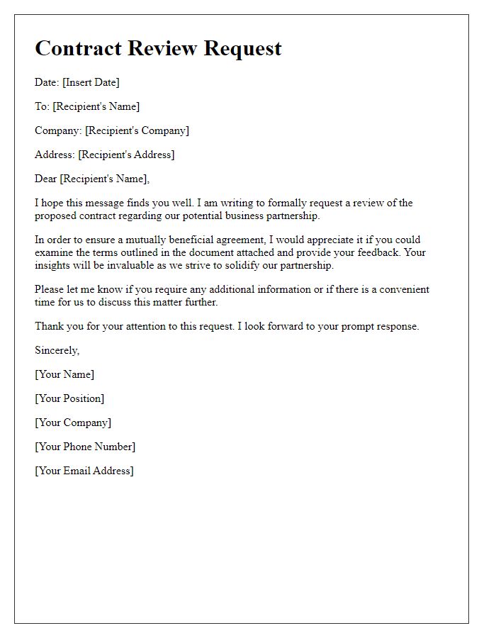 Letter template of contract review request for business partnership