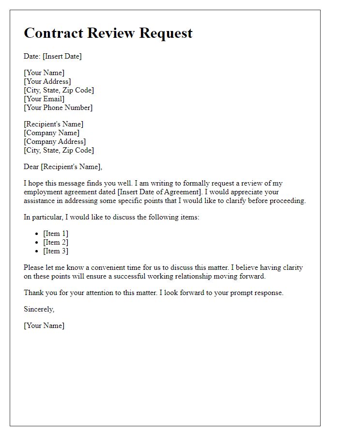 Letter template of contract review request for employment agreement