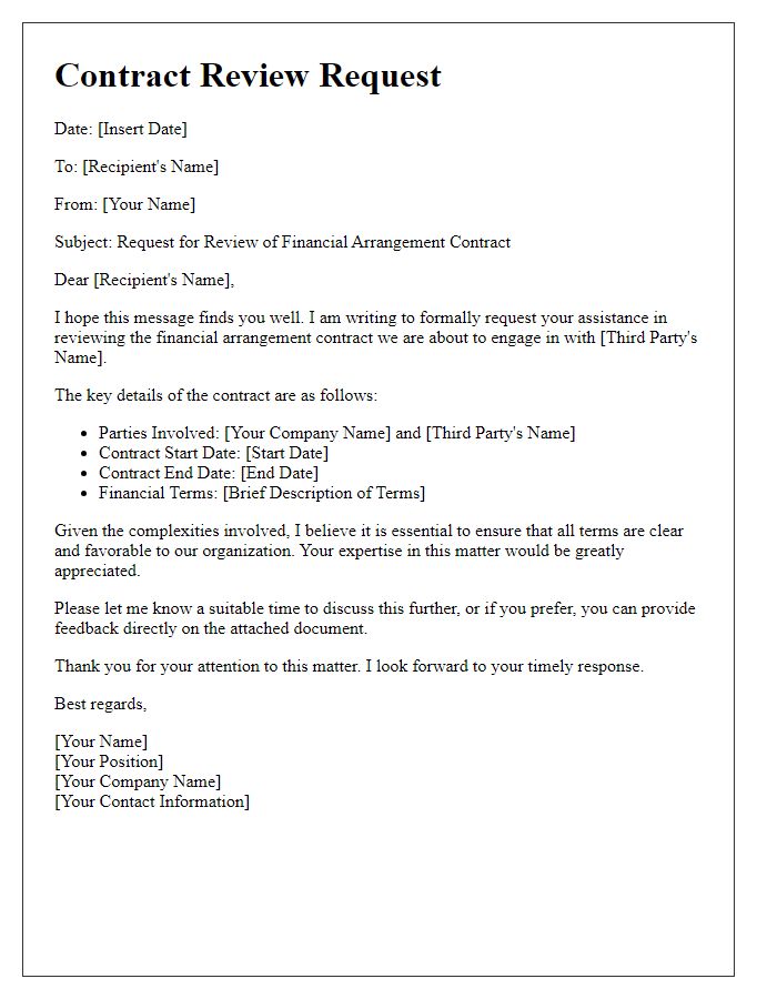 Letter template of contract review request for financial arrangement