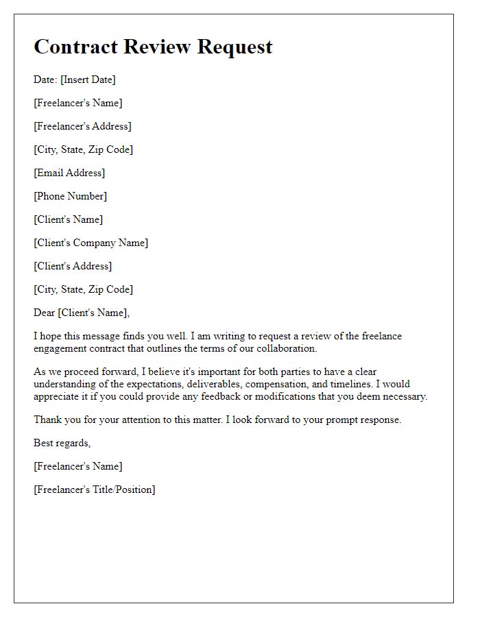 Letter template of contract review request for freelance engagement