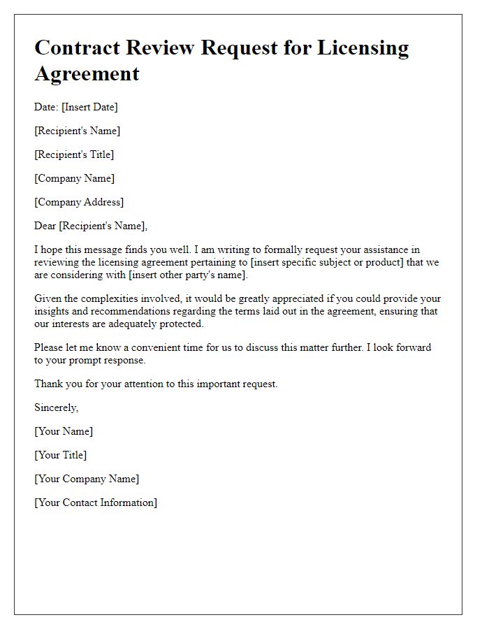 Letter template of contract review request for licensing agreement