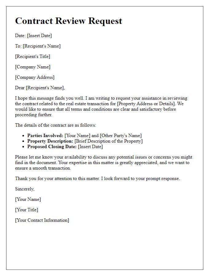 Letter template of contract review request for real estate transaction