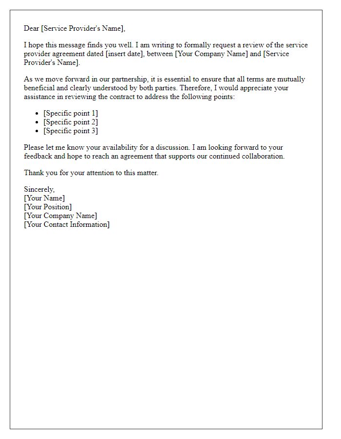 Letter template of contract review request for service provider agreement