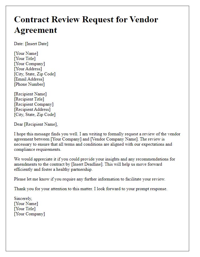 Letter template of contract review request for vendor agreement