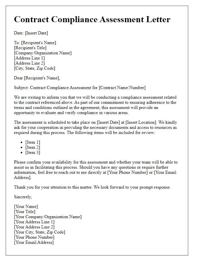 Letter template of contract compliance assessment