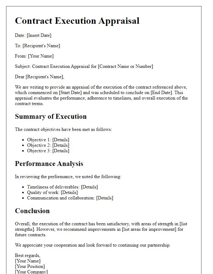 Letter template of contract execution appraisal