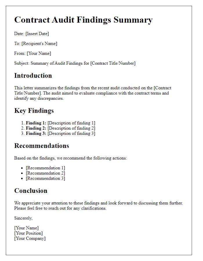 Letter template of contract audit findings summary