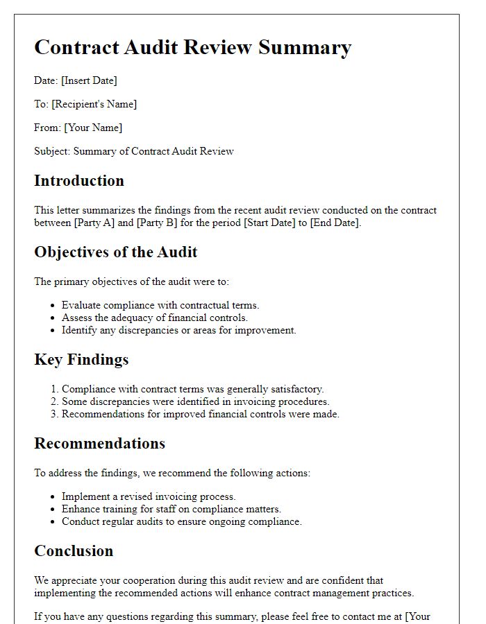 Letter template of contract audit review summary