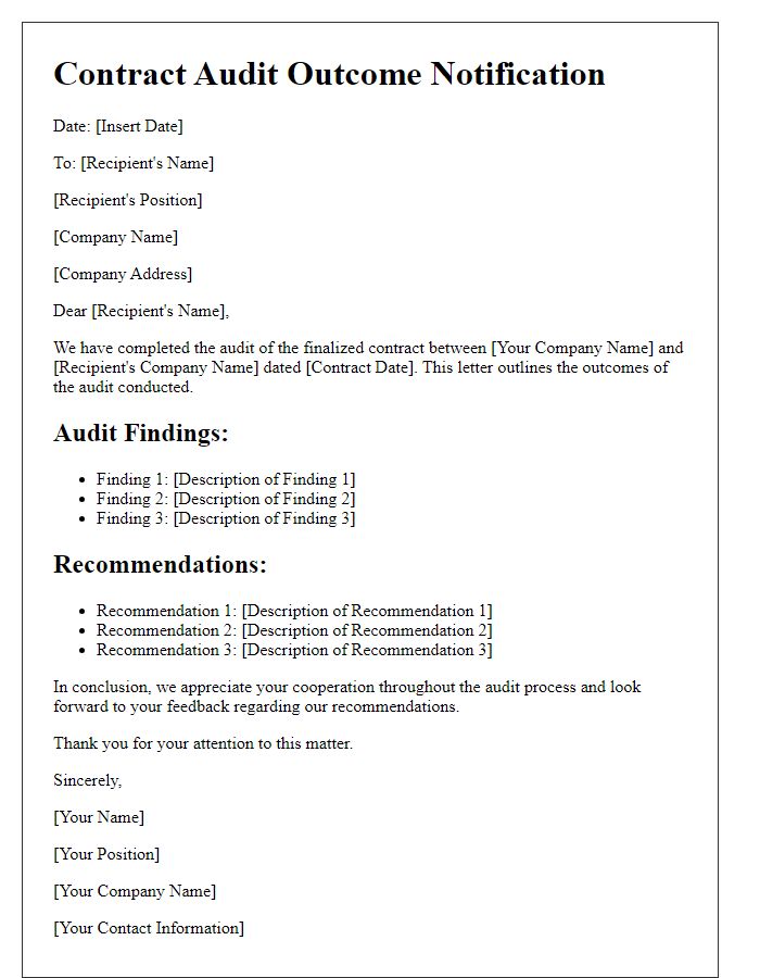 Letter template of finalized contract audit outcomes