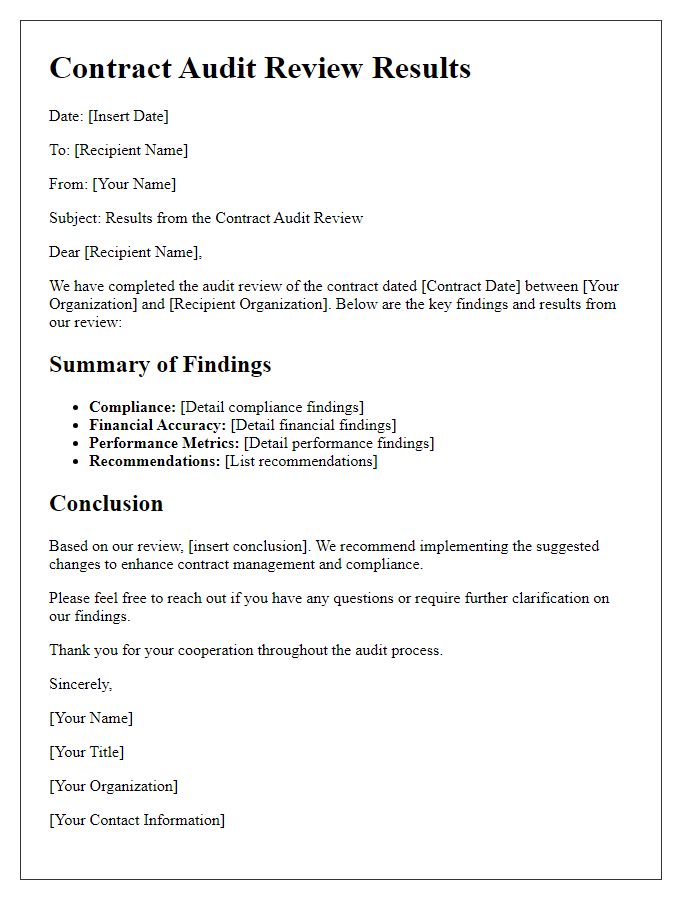 Letter template of results from the contract audit review