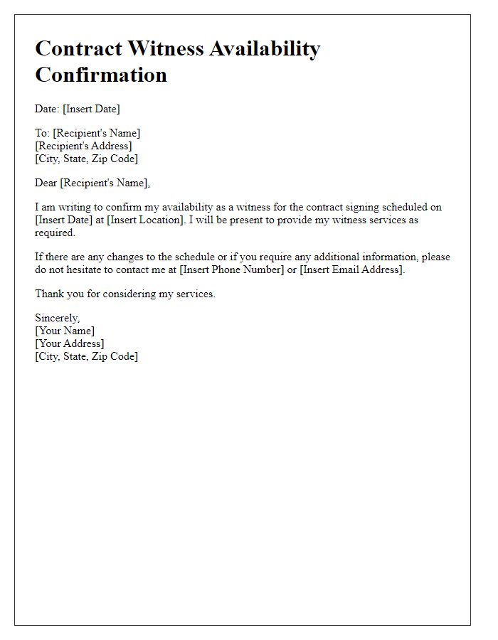 Letter template of contract witness availability confirmation