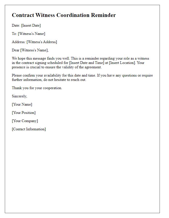 Letter template of contract witness coordination reminder