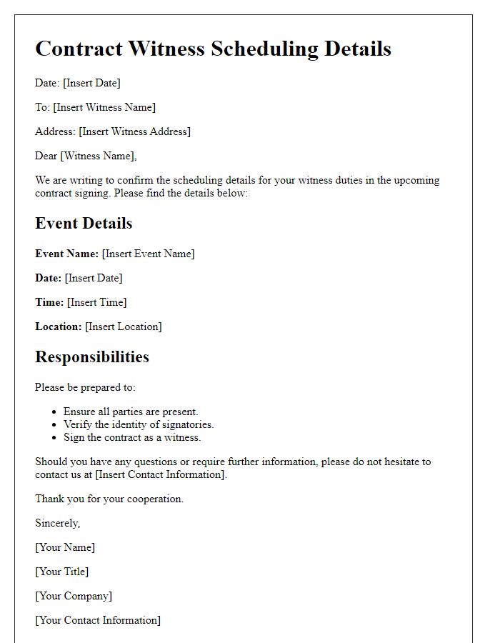 Letter template of contract witness scheduling details