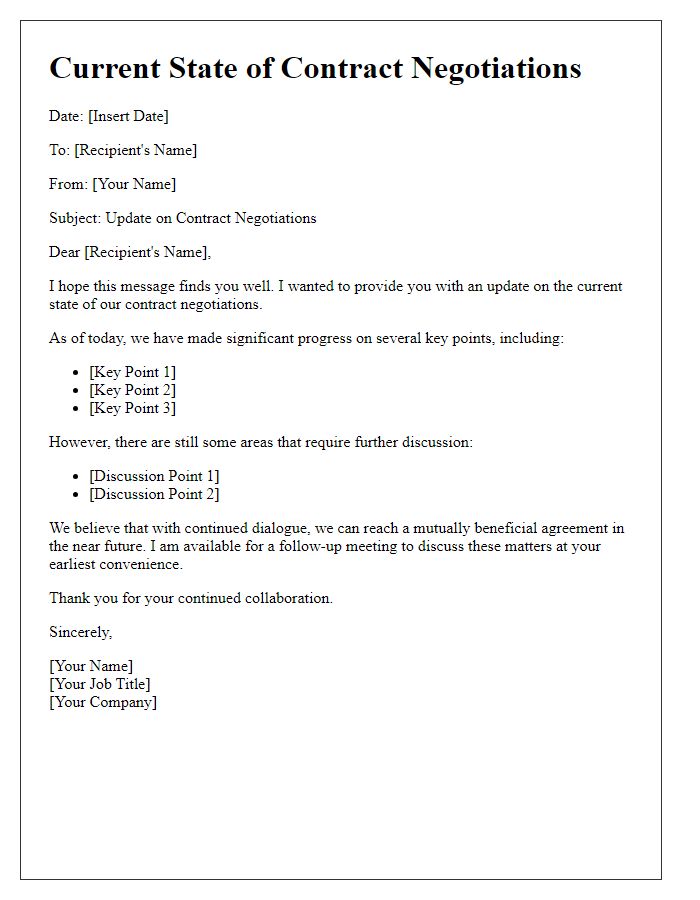 Letter template of current state of contract negotiations