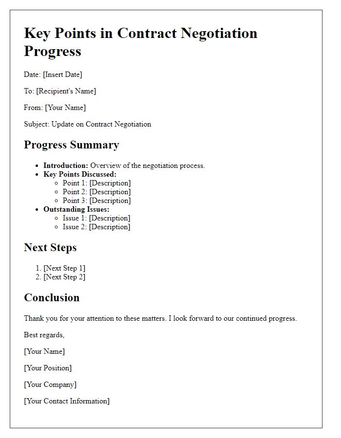 Letter template of key points in contract negotiation progress