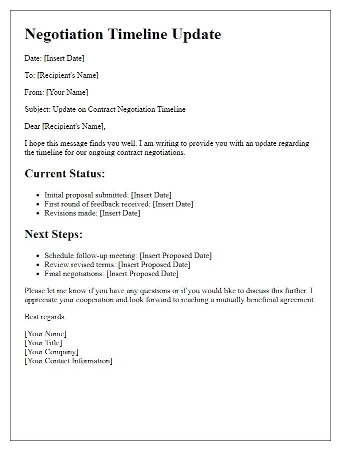 Letter template of negotiation timeline update for the contract