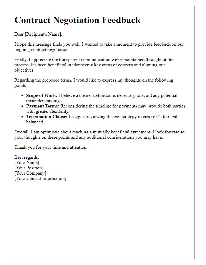 Letter template of ongoing contract negotiation feedback