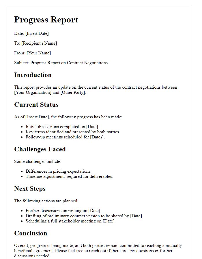 Letter template of progress report for contract negotiations