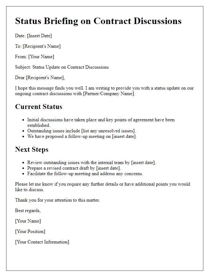 Letter template of status briefing on contract discussions