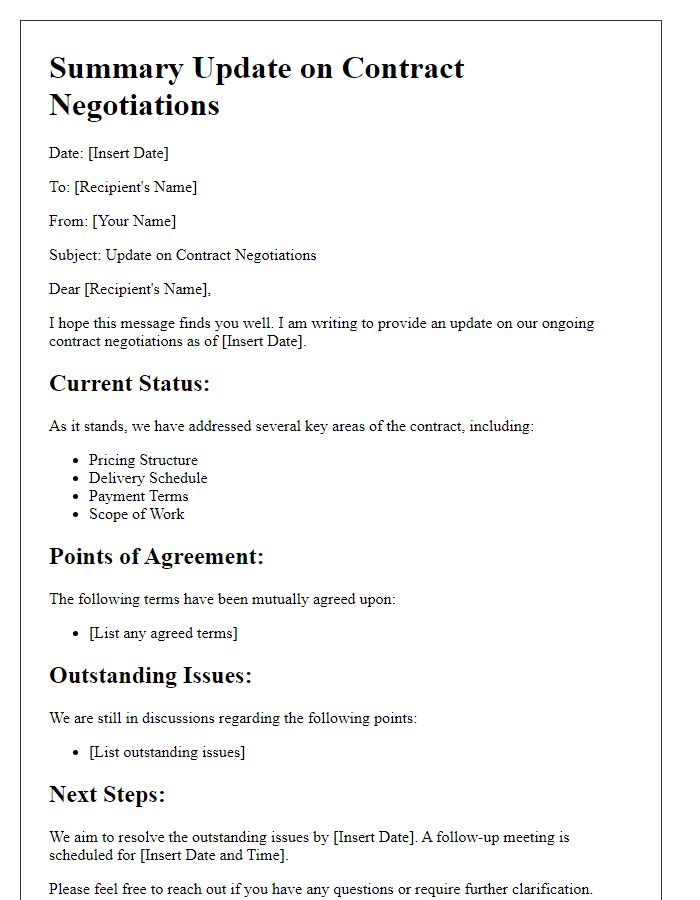 Letter template of summary update for contract negotiations