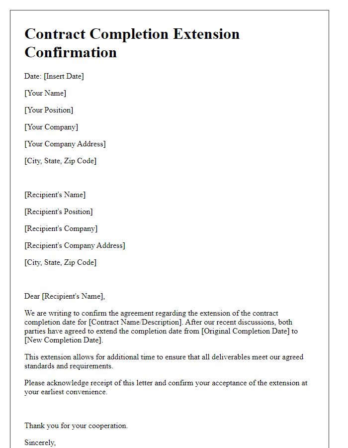 Letter template of confirmation for agreed contract completion extension.