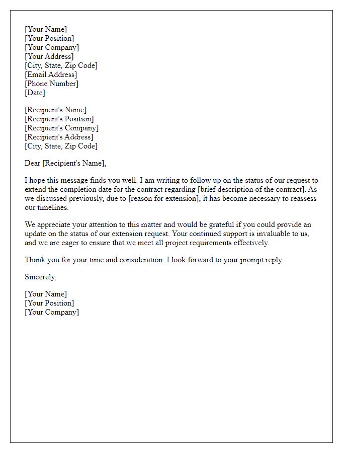 Letter template of follow-up regarding contract completion extension status.