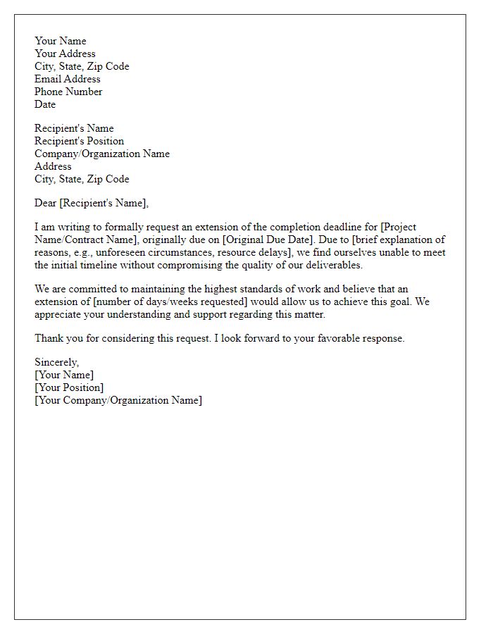 Letter template of formal appeal for extension of contract completion deadline.