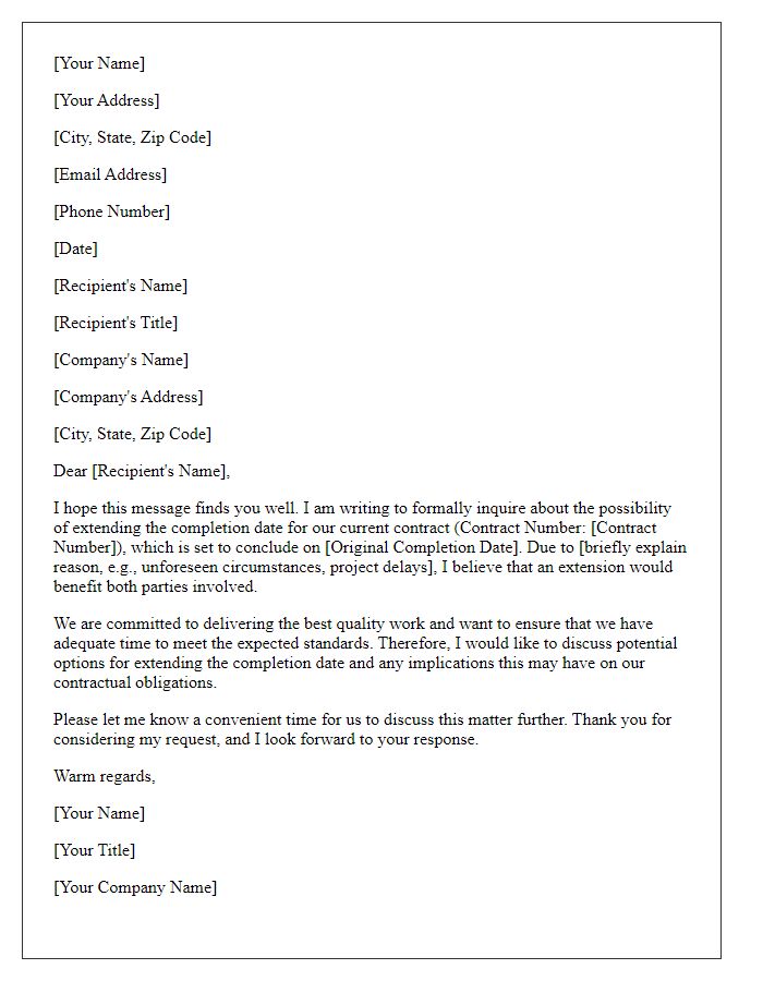 Letter template of inquiry for potential extension of contract completion date.