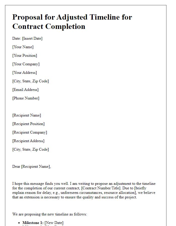 Letter template of proposal for adjusted timeline for contract completion.