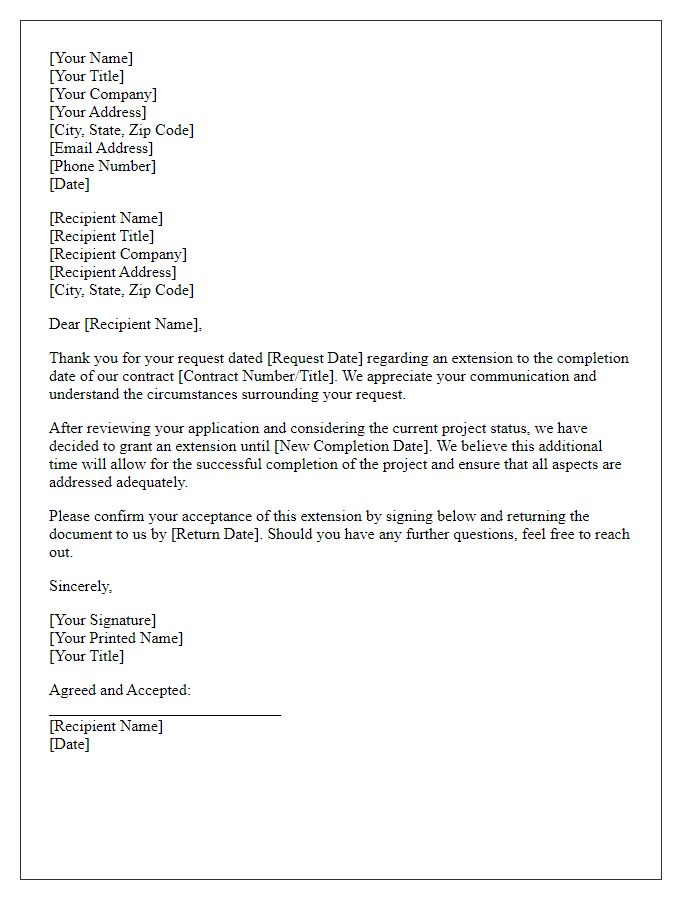 Letter template of response to contract completion extension request.