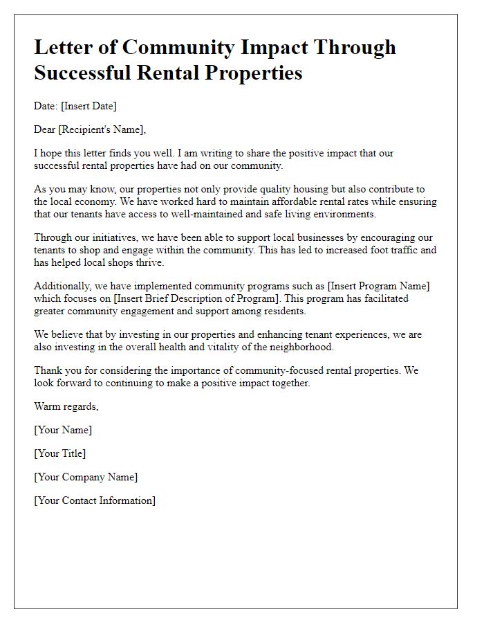 Letter template of community impact through successful rental properties