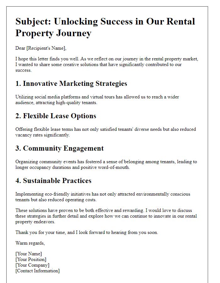 Letter template of creative solutions in rental property success experiences