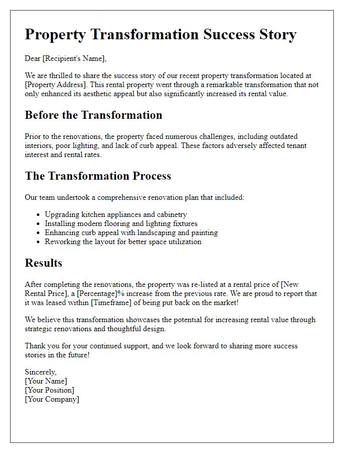 Letter template of property transformation success stories in rentals