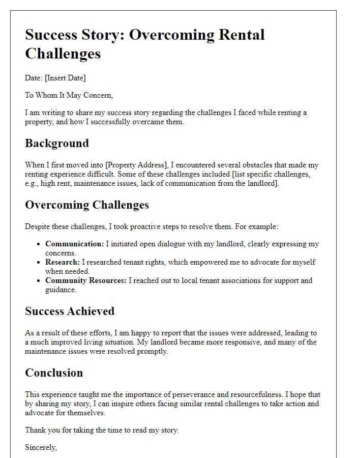 Letter template of rental challenges overcome in success stories