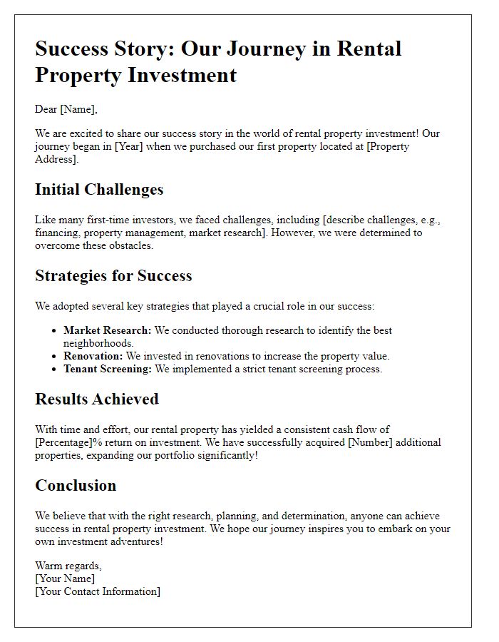 Letter template of rental property investment success narratives