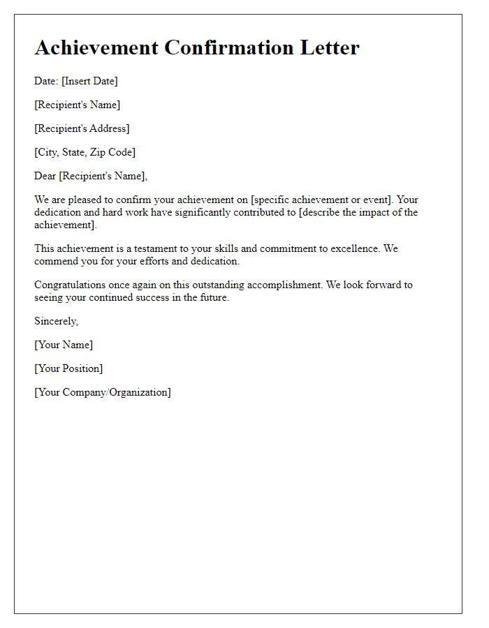 Letter template of Achievement Confirmation