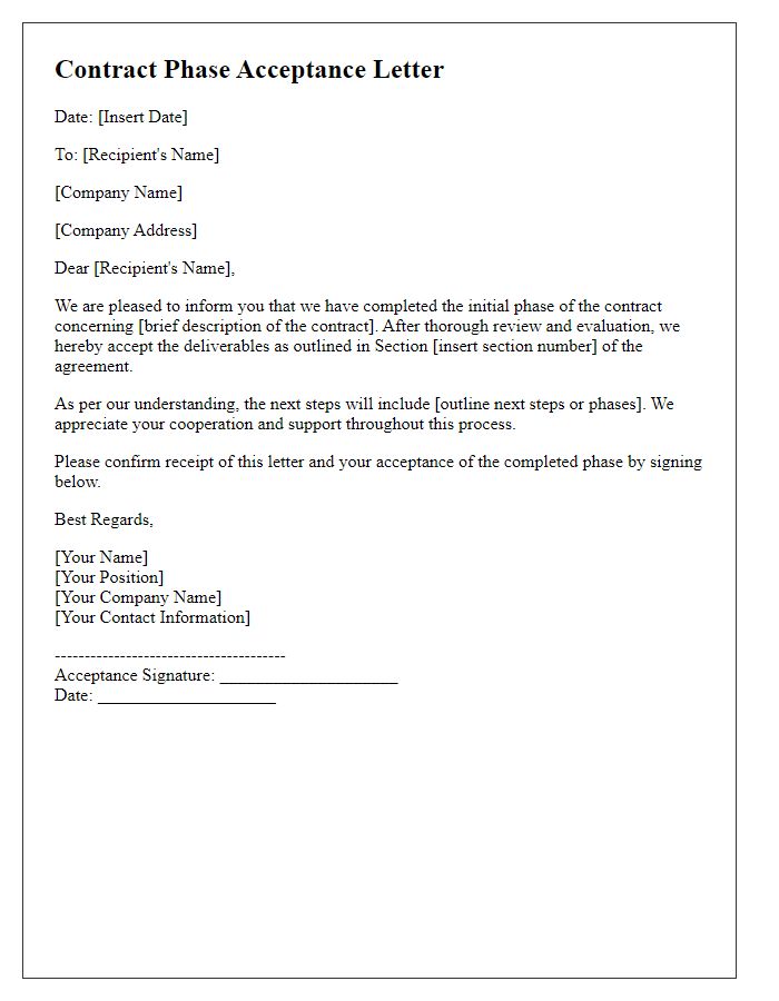 Letter template of Contract Phase Acceptance